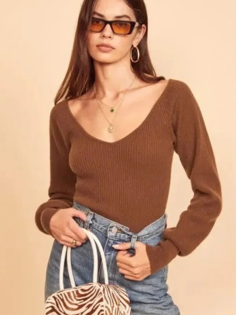 Reformation Womens S Wide V-neck Hart Sweater Brown Ribbed Cashmere Cinnamon